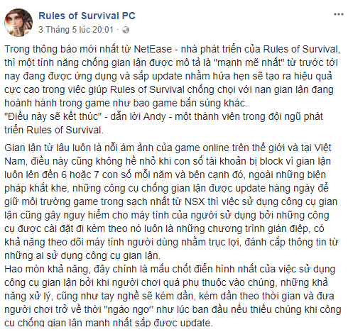 Rules of Survival: Mặc cho tin đồn Ban IP, Fanpage RoS VN trấn an cộng đồng bằng thông báo tính năng chống Hack tối tân nhất từ NetEase