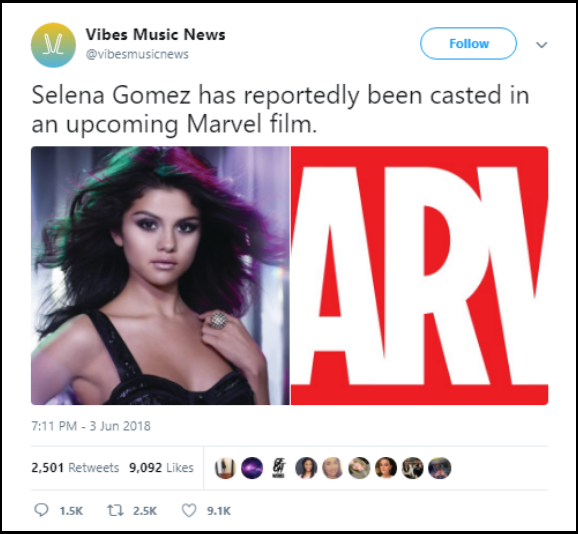 Tung tin thất thiệt Selena Gomez đóng phim Marvel, tài khoản Twitter nhận cái kết bất ngờ