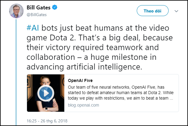  AI vừa thắng cả người chơi thực ở game DOTA 2. Đây thực sự là một bước tiến lớn vì chúng - những trí tuệ nhân tạo - đã học được cách phối hợp thuần thục với nhau và đánh bại con người. 
