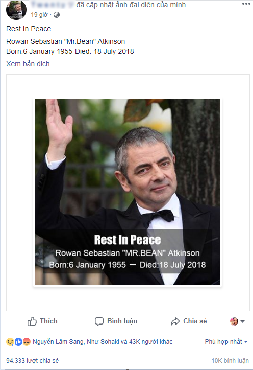 Mr. Bean lại bị khai tử trên mạng xã hội facebook khiến fan phẫn nộ - Ảnh 1.