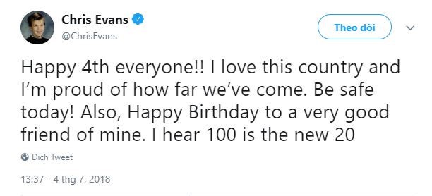  Chris Evans gửi lời chúc mừng sinh nhật lần thứ 100 của Captain America.  