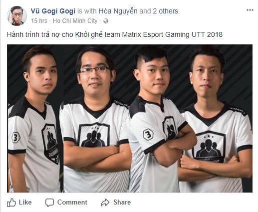  Trạng thái mới nhất kèm theo hình ảnh công bố đội hình của Matrix Esports Gaming có tên của Nguyễn Văn Hòa “Hinorashi”. 