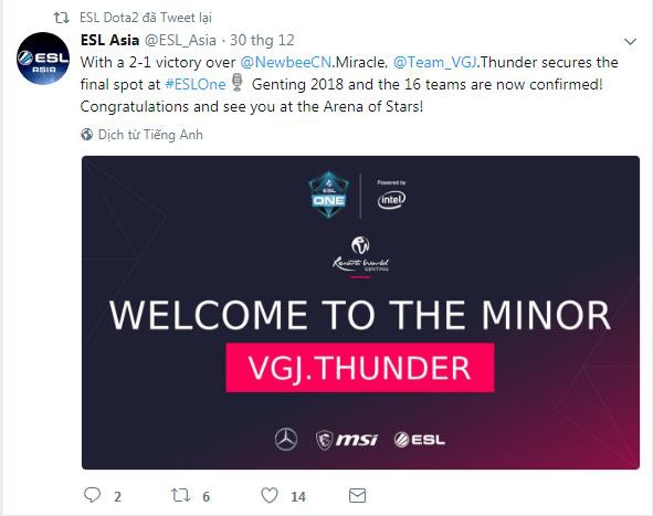 DOTA 2: LFY, VGJ.Thunder là những cái tên cuối cùng tham gia giải đấu 9 tỷ VND ESL Genting 2018 
