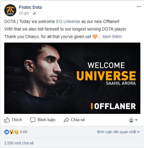  Thông báo về việc Universe gia nhập trên trang chủ của Fnatic. 