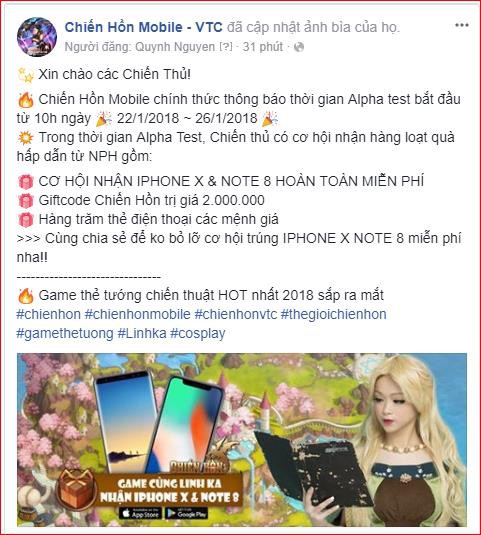 Cơ hội trúng Iphone X & Note 8 khi tham gia Alpha Test game Chiến Hồn Mobile