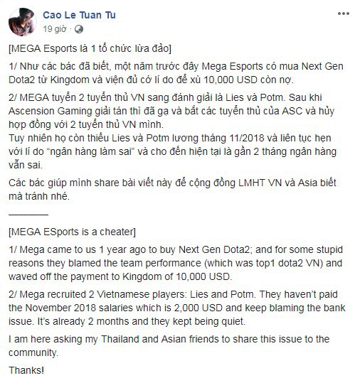 Đội tuyển LMHT số 1 Đông Nam Á bị tố ăn cháo đá bát, quỵt tiền lương của hai tuyển thủ Việt Nam Lies và Potm? - Ảnh 1.