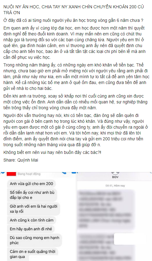 Nuôi bạn trai 6 năm ăn học, cô gái nhận lại 200 triệu cùng tin nhắn anh hết tình cảm với em rồi - Ảnh 1.