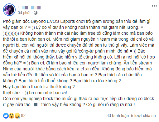 Cựu tuyển thủ Beyond - Giám đốc EVOS Esports bị tố giữ lương, ăn chặn tiền hợp đồng của nhân viên? - Ảnh 2.