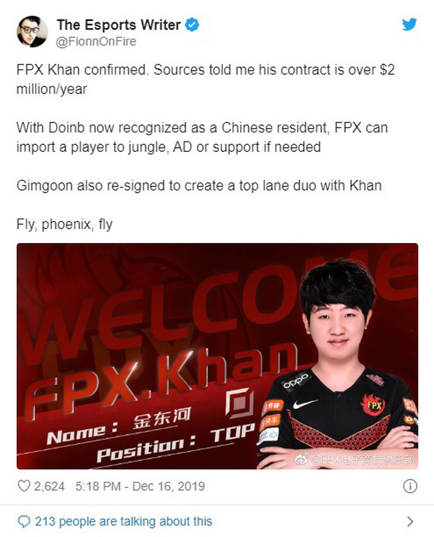 LMHT: Phóng viên ESPN tiết lộ lương của Khan ở FPX siêu to khổng lồ, lên tới 46 tỷ/năm - Ảnh 1. LMHT: Phóng viên ESPN tiết lộ lương của Khan ở FPX siêu to khổng lồ, lên tới 46 tỷ/năm - Ảnh 1.