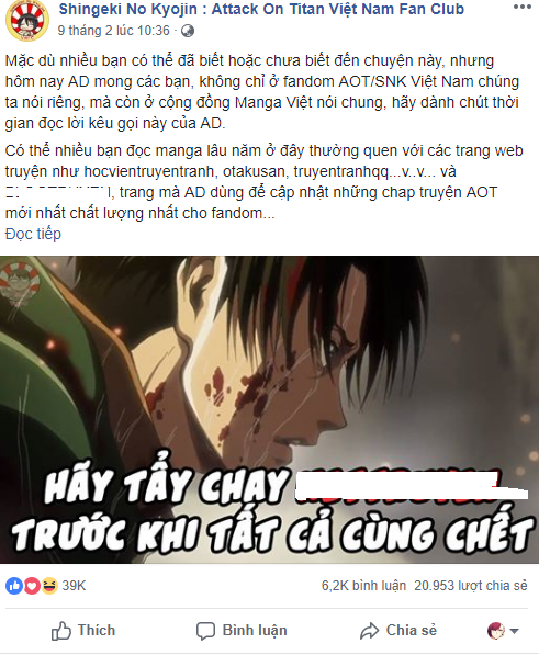 Toàn cảnh câu chuyện kêu gọi tẩy chay web re-up truyện của Fanpage Attack on Titan Việt Nam - Ảnh 2.