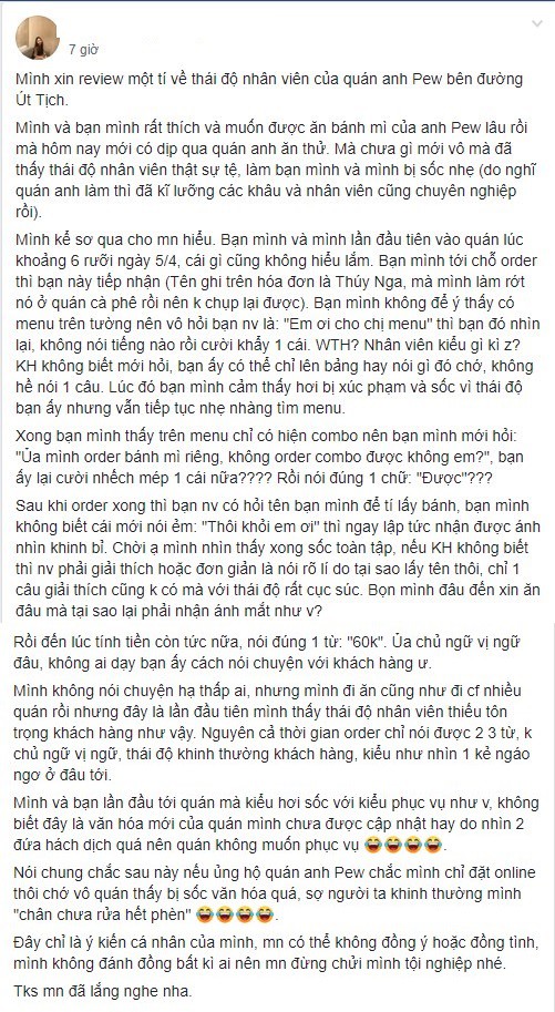 Bánh mỳ Pewpew nhận phải phản hồi tiêu cực về thái độ nhân viên và phản ứng của cộng đồng mạng - Ảnh 1.