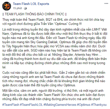 LMHT- SỐC: Đại công thần Optimus nói lời chia tay Team Flash sau thất bại tại VCS mùa hè 2019 - Ảnh 1.