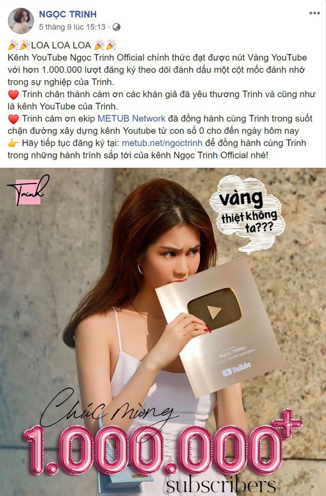 Hơn đứt nhiều Youtuber đình đám, Ngọc Trinh là cái tên mới nhất giành được nút vàng Youtube - Ảnh 1.