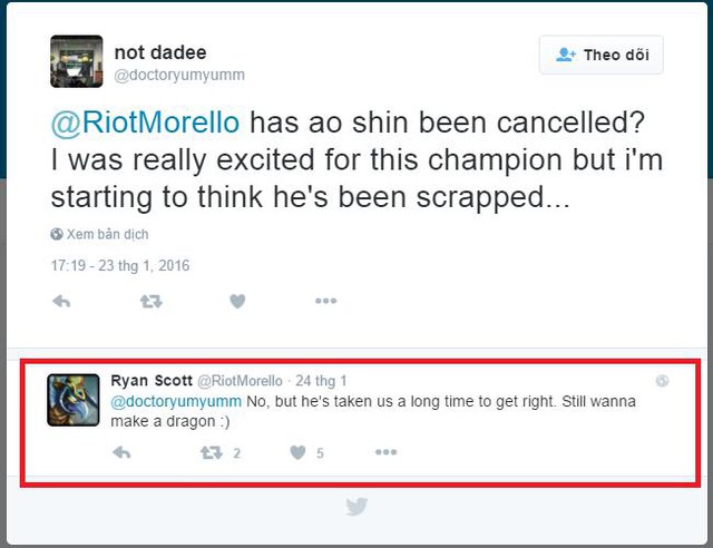 Riot Morello đã xác nhận rằng Ao Shin vẫn đang được thiết kế.
