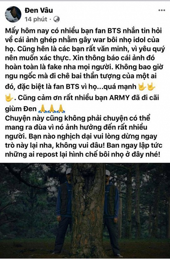 Bị ghép ảnh cà khịa BTS, Đen Vâu vội vàng lên tiếng thanh minh, thừa nhận fan của BTS quá mạnh - Ảnh 4.