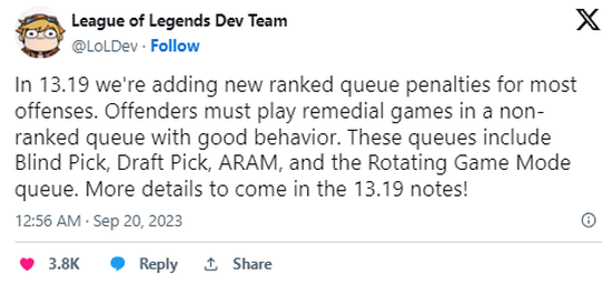 Riot thông báo về cơ chế xử phạt mới buộc người chơi có hành vi phá game, "toxic"... phải chơi 5 trận ở các chế độ như ARAM, Chọn Ẩn... để được quay lại xếp hạng đơn
