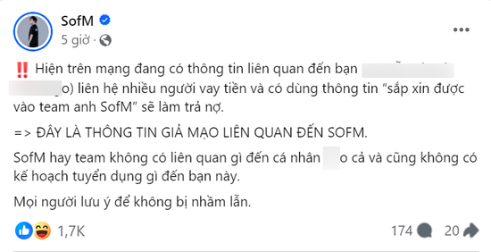 Phía SofM cho biết cựu tuyển thủ này mượn danh SofM và đội VKE để vay tiền khiến SofM phải lên tiếng đính chính ngay lập tức