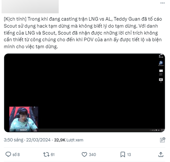 Theo một số ghi nhận thì nam BLV Quản Trạch Nguyên có lời lẽ công kích nhắm vào Scout khi cho rằng anh này cố tình "hack pause" để làm ảnh hưởng đối thủ
