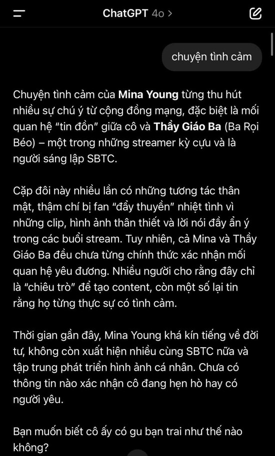 Tâm sự với Chat GPT về chuyện tình cảm, Mina Young