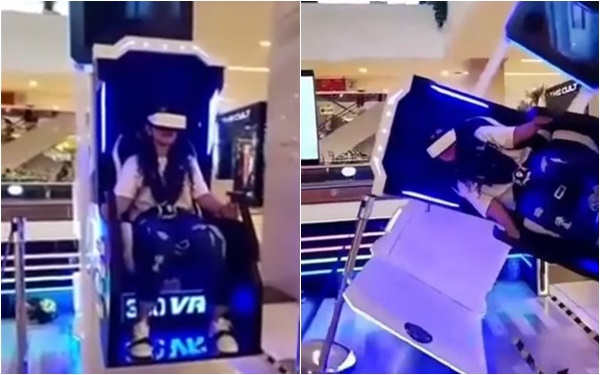 Playing a VR game, a female gamer was thrown to the ground bruised because the machine was broken but still did not change color, thinking she was in a virtual world
