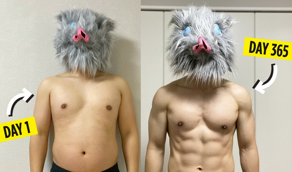 The office worker practices hard, turning his fat belly into 6 packs to cosplay Inosuke in KnY