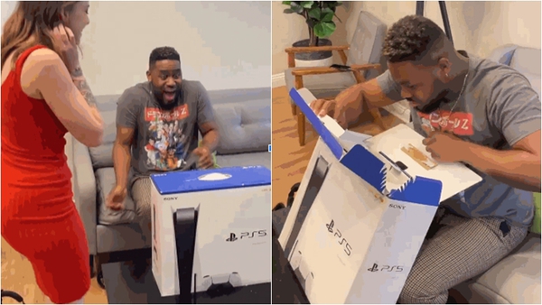 Given a PS5 by his wife, gamers pretended to be excited until they “unpacked” and were stunned when they saw what was inside