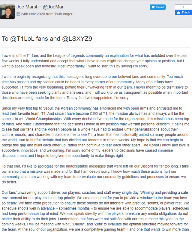 LMHT: Sau một thời gian dài im lặng, Chủ tịch T1 cuối cùng cũng đã chịu lên tiếng xin lỗi LS, Effort và các fan hâm mộ - Ảnh 2.