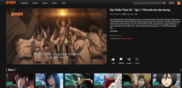 Ứng dụng POPS chiếu song song Đại chiến Titan (Attack on Titan) mùa 4 với Nhật Bản.