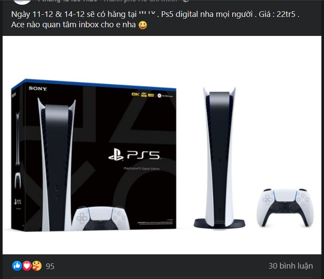 Một cửa hàng tại Thành phố Hồ Chí Minh đang bán PS5 bản Digital với giá 22,5 triệu. Tuy nhiên người mua sẽ phải đợi đến giữa tháng 12 mới được nhận hàng.
