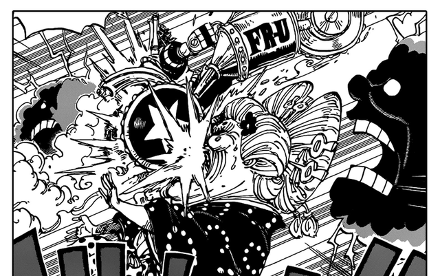 Cuối One Piece chap 988 Big Mom còn bị Franky tông thẳng xe vào mặt
