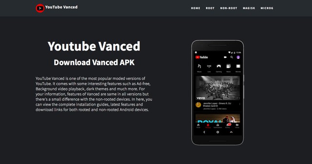 Giao diện trang web chính thức của YouTube Vanced