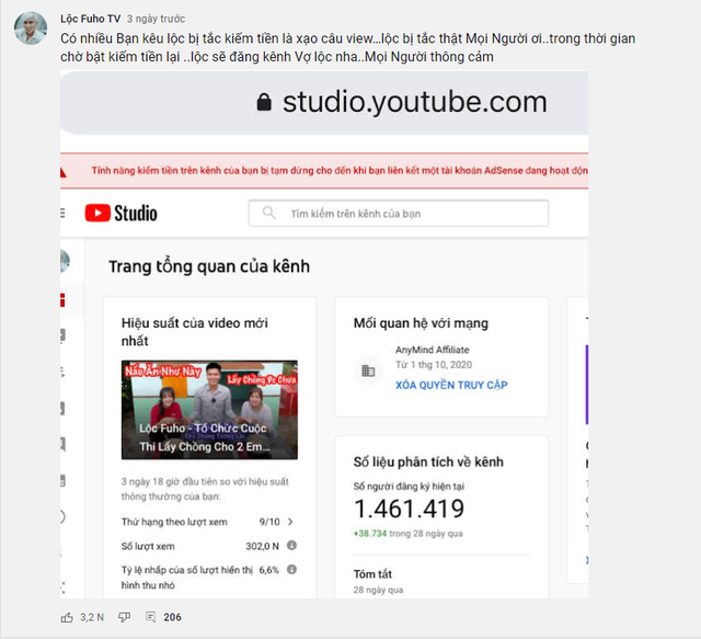 Lộc Fuho buồn bã chia sẻ kênh bị tắt kiếm tiền, tung bằng chứng khi bị tố xạo, câu view - Ảnh 4.