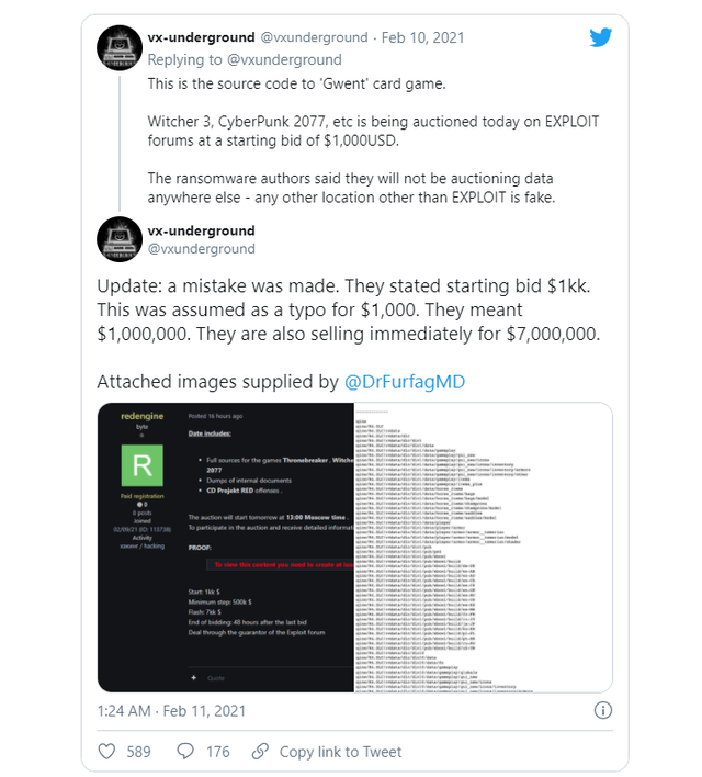 Dọa tống tiền bất thành, hacker đem mã nguồn Cyberpunk 2077, The Witcher 3 ra bán đấu giá, ai trả 7 triệu đô bán luôn - Ảnh 1.