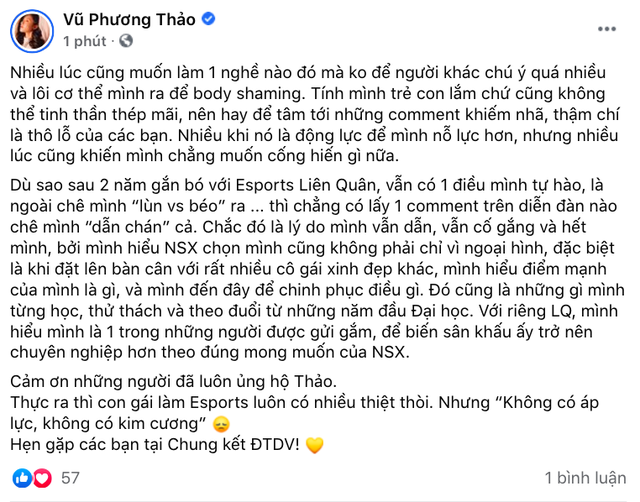 Nữ MC bị đồn là bạn gái của phó giám đốc Garena đăng tus kể chuyện nhận nhiều bình luận khiếm nhã, body shaming - Ảnh 1.