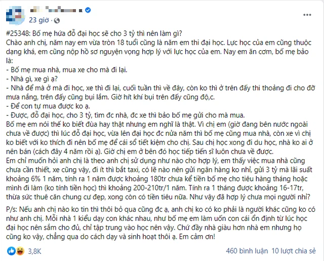 Được bố mẹ hứa thưởng 3 tỷ nếu đỗ đại học, nam thanh khiến CĐM tranh cãi trái chiều khi hỏi Nên làm gì - Ảnh 2.