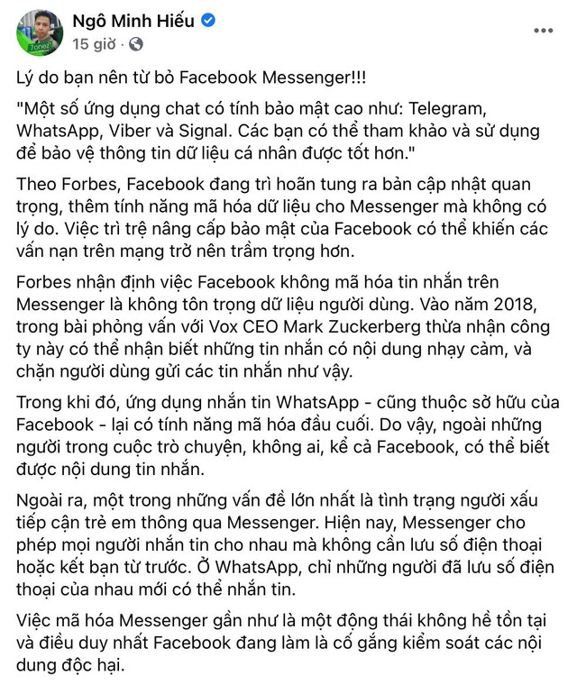 Hiếu PC khuyên người dùng nên từ bỏ ngay ứng dụng chat Top 1 thế giới với nhiều lý do là “nhạy cảm - Ảnh 1.