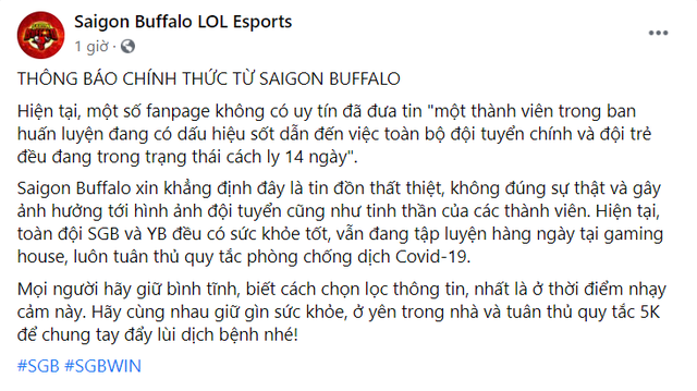 Bị tung tin đồn có ca F0 trong Gaming House, Saigon Buffalo đưa ra phản hồi đanh thép - Ảnh 2.