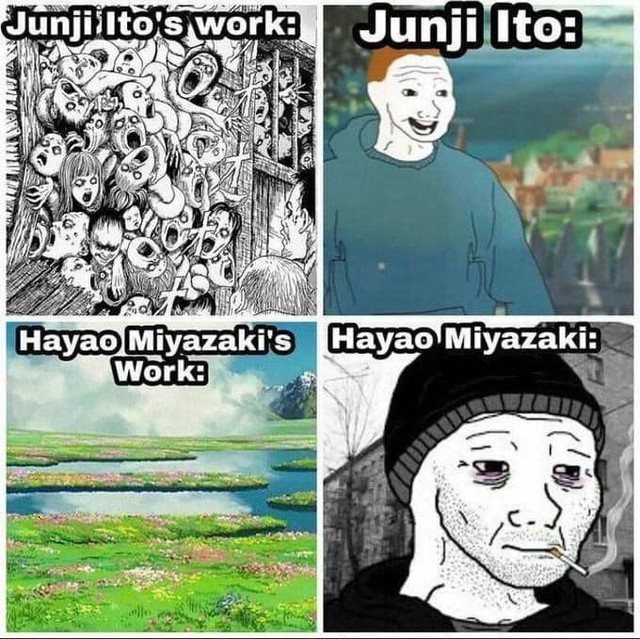 Loạt meme hài hước về sự đối lập giữa đạo diễn Miyazaki Hayao và họa sĩ Junji Ito - Ảnh 10.