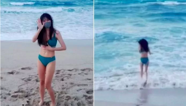 Chơi trội, nữ streamer bất chấp thời tiết lạnh 3 độ, vẫn mặc bikini đi biển, còn biểu diễn tiết mục “nhảy ùm xuống nước - Ảnh 3.