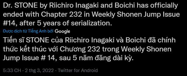 Sau 5 năm phát hành, manga Dr. Stone chính thức kết thúc với chap cuối dừng lại ở con số 232 - Ảnh 1.