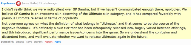 Riot cho biết skin Samira &quot;xứng đáng xếp vào bậc Tối Thượng&quot; và vì khán giả phản ứng tiêu cực nên họ sẽ &quot;cân nhắc việc dòng trang phục này có ra mắt trong tương lai nữa hay không&quot;