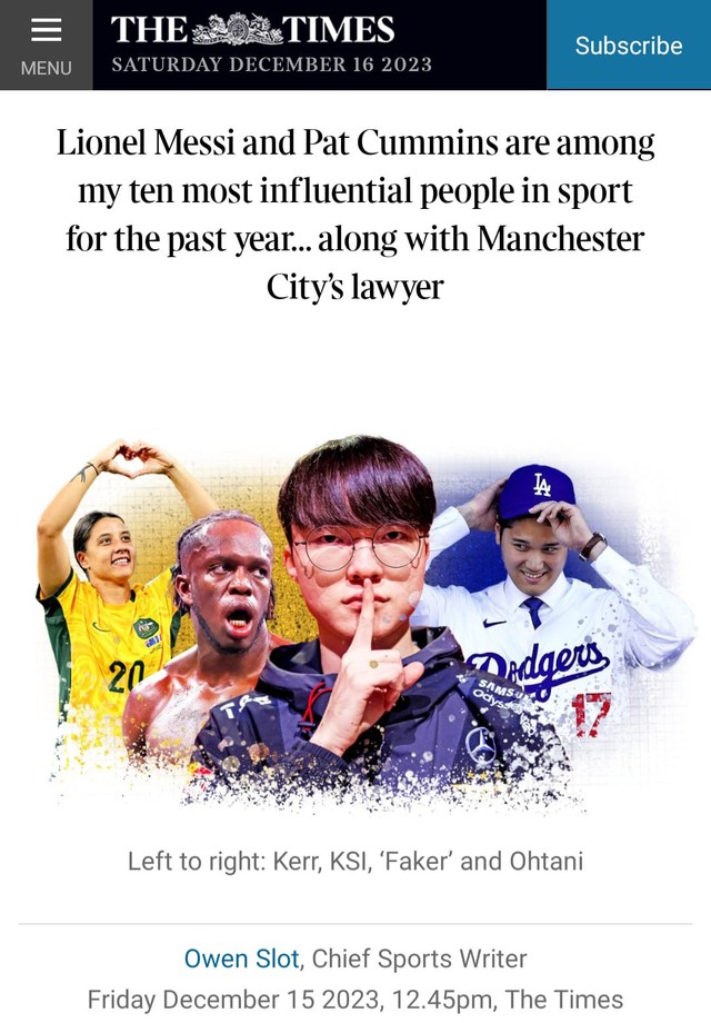 The Times của Anh xếp Faker vào Top 10 nhân vật quyền lực nhất của làng thể thao trong năm 2023