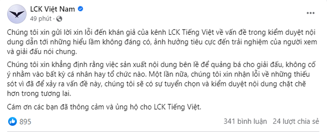 Trang LCK Việt Nam phải lên tiếng xin lỗi