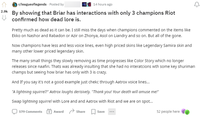 Một ý kiến phân tích cho thấy Riot đang bỏ rơi LMHT khi không đầu tư đầy đủ cho cốt truyện của Briar