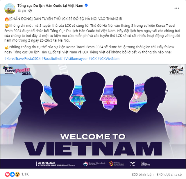 Thì trang fanpage có tick xanh của Tổng cục Du lịch Hàn Quốc tại Việt Nam thông báo sẽ có những tuyển thủ khác đến Việt Nam và địa điểm là ở Hà Nội