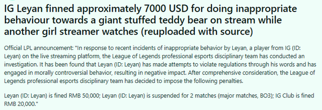 "Leyan của IG bị phạt khoảng 7000 USD vì có hành vi không phù hợp với một chú gấu bông khổng lồ trên stream, trong khi một nữ streamer khác đang xem. Thông báo chính thức từ LPL: "Liên quan đến những hành vi không phù hợp gần đây của tuyển thủ Leyan (ID: Leyan) thuộc đội IG trên nền tảng livestream, đội ngũ kỷ luật Esports chuyên nghiệp của Liên Minh Huyền Thoại đã tiến hành điều tra. Kết quả cho thấy Leyan (ID: Leyan) đã có những lời nói vi phạm quy định và tham gia vào các hành vi gây tranh cãi về mặt đạo đức, dẫn đến ảnh hưởng tiêu cực. Sau khi xem xét toàn diện, đội ngũ kỷ luật Esports chuyên nghiệp của Liên Minh Huyền Thoại đã quyết định đưa ra các hình phạt sau: Leyan (ID: Leyan) bị phạt 50.000 NDT; Leyan (ID: Leyan) bị cấm thi đấu 2 trận (các trận đấu BO3 quan trọng); Đội tuyển IG bị phạt 20.000 NDT."