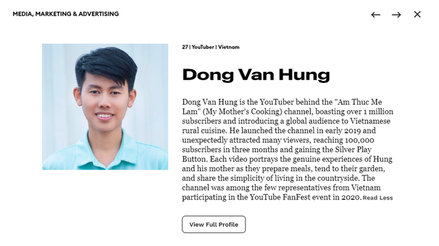 “YouTuber đồng quê” Việt Nam lọt top Forbes 30 Under 30 châu Á