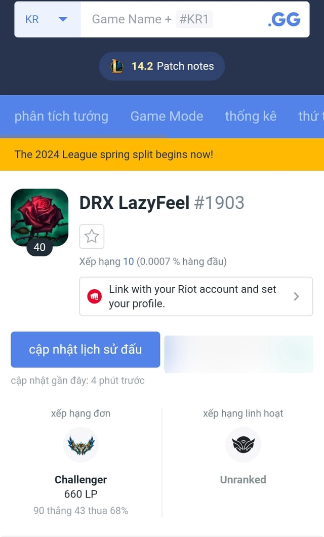 LazyFeel từng lên top 1 Thách Đấu Hàn