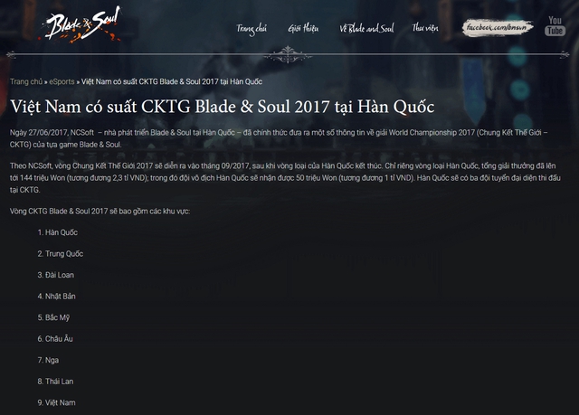 Thông báo về việc Việt Nam có suất tham dự Chung Kết Thế Giới 2017 của Blade and Soul