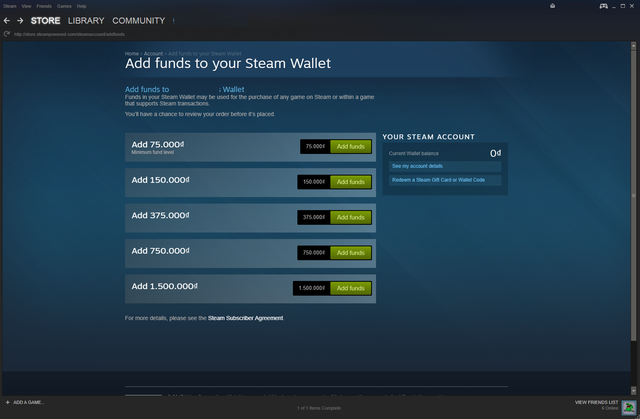  Vào mục Add funds trên Steam. Chọn mức tiền mong muốn. 